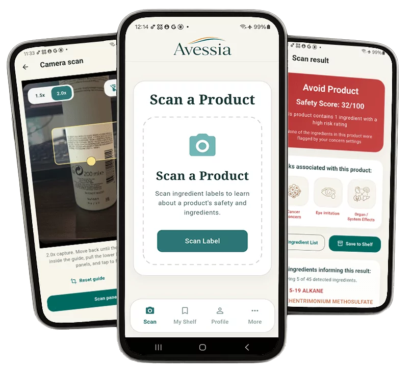 Three Avessia app screens showing ingredient scan examples